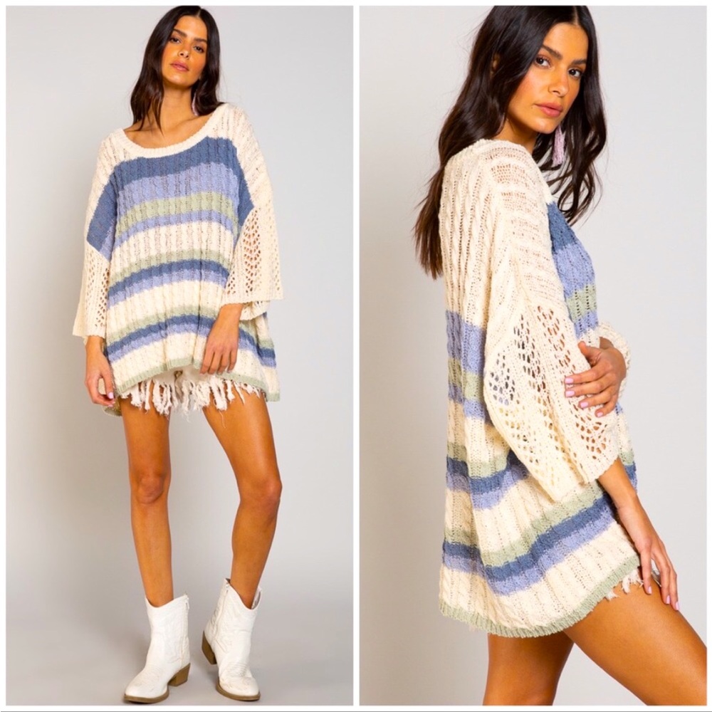 POL Oversized Stripe Crochet Bell Sleeve Sweater